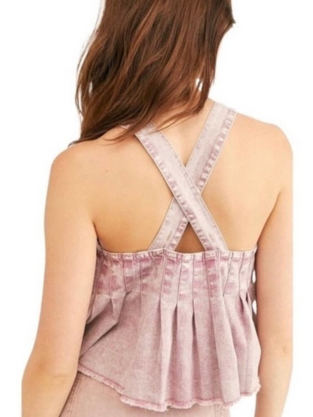 Free People Marina Denim Pleated Swing Tank Top Crop Boho Dusty Pink XS - Picture 2 of 10